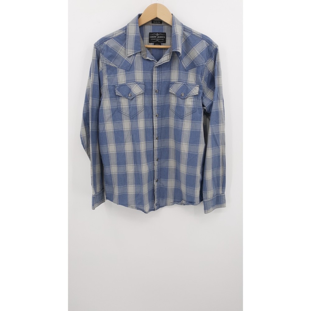 Cody James Shirt Men's Large Blue Pearl Snap Button Up Plaid Western Slim fit